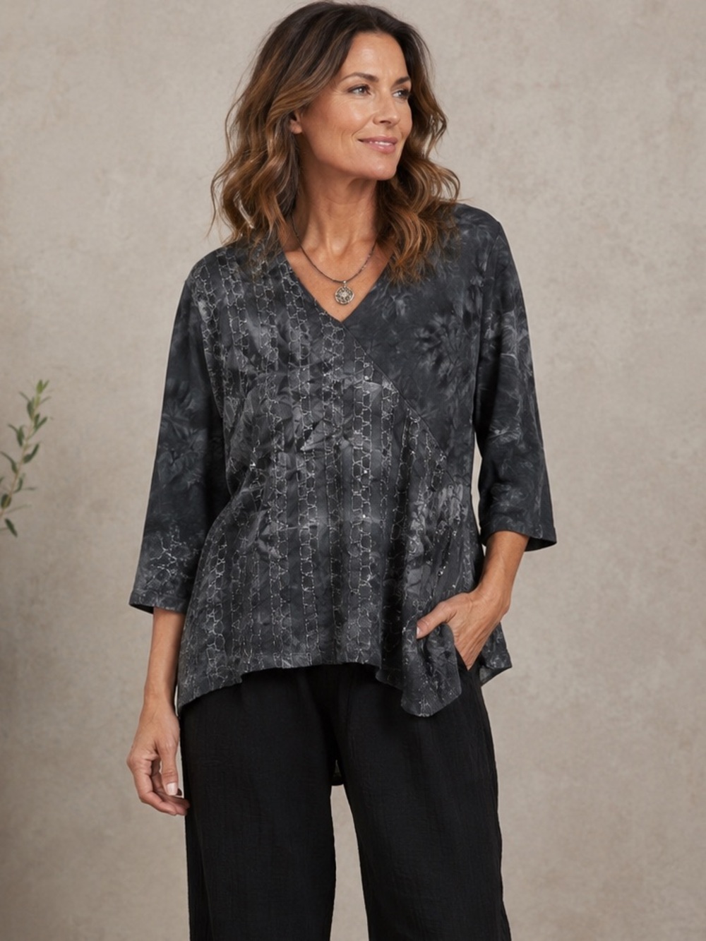 Only Nine Textured Tie Dye V-Neck Tunic Top Artsy